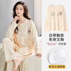 板板女睡衣秋冬季带胸垫拉架仿棉长袖卡通家可外穿居服女套装
