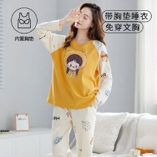 秋冬季新款睡衣女带胸垫大码女睡衣拉架仿棉卡通家居服套装