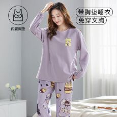 秋冬季新款睡衣女带胸垫大码女睡衣拉架仿棉卡通家居服套装
