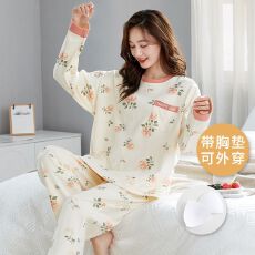 秋冬季新款睡衣女带胸垫大码女睡衣拉架仿棉卡通家居服套装