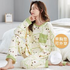 秋冬季新款睡衣女带胸垫大码女睡衣拉架仿棉卡通家居服套装
