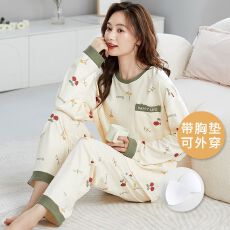 秋冬季新款睡衣女带胸垫大码女睡衣拉架仿棉卡通家居服套装
