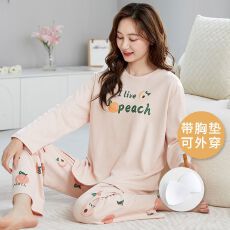 秋冬季新款睡衣女带胸垫大码女睡衣拉架仿棉卡通家居服套装