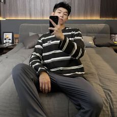 睡衣男春秋新款拉架仿棉男士睡衣套头双口袋休闲家居服套装