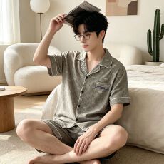 批发男士云朵棉简约风休闲宽松短袖短裤睡衣家居服套装