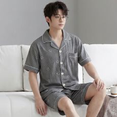 批发(实拍)<b class='q'>男士</b>云朵棉格纹休闲宽松短袖短裤<b class='q'>睡衣</b>家居服套装