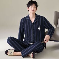 批发纯棉开衫秋冬季男款睡衣长袖长裤两件套圆领家居服
