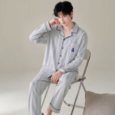 批发纯棉开衫秋冬季男款睡衣长袖长裤两件套圆领家居服