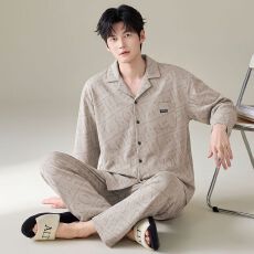 批发纯棉开衫秋冬季男款睡衣长袖长裤两件套圆领家居服