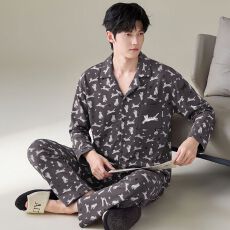 批发纯棉开衫秋冬季男款睡衣长袖长裤两件套圆领家居服