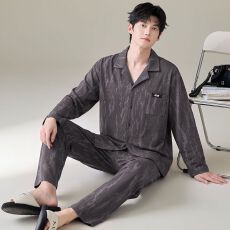 批发纯棉开衫秋冬季男款睡衣长袖长裤两件套圆领家居服