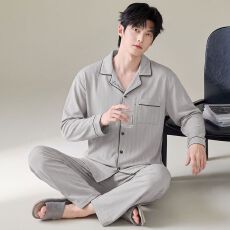 批发纯棉开衫秋冬季男款睡衣长袖长裤两件套圆领家居服