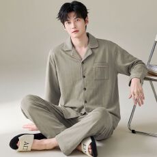 批发纯棉开衫秋冬季男款睡衣长袖长裤两件套圆领家居服
