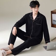 批发纯棉开衫秋冬季男款睡衣长袖长裤两件套圆领家居服