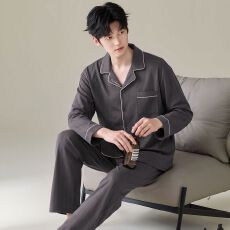 批发纯棉开衫秋冬季男款睡衣长袖长裤两件套圆领家居服