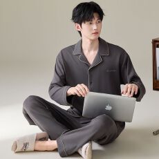 批发纯棉2026新款睡衣男翻领开衫春秋长袖长裤家居服