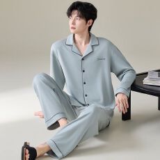 纯棉2026新款睡衣男翻领开衫春秋长袖长裤家居服