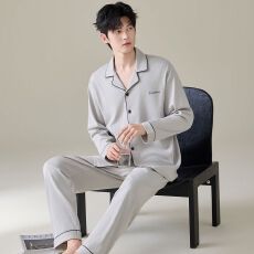 纯棉2026新款睡衣男翻领开衫春秋长袖长裤家居服