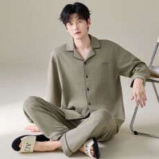 纯棉2026新款睡衣男翻领开衫春秋长袖长裤家居服