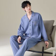 纯棉2026新款睡衣男翻领开衫春秋长袖长裤家居服