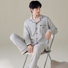 纯棉2026新款睡衣男翻领开衫春秋长袖长裤家居服