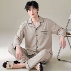 纯棉2026新款睡衣男翻领开衫春秋长袖长裤家居服