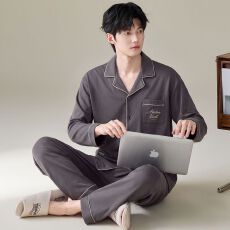 纯棉2026新款睡衣男翻领开衫春秋长袖长裤家居服