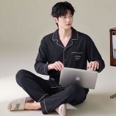 纯棉2026新款睡衣男翻领开衫春秋长袖长裤家居服