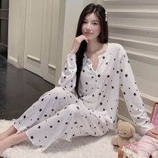 批发爆款冰丝螺纹睡衣女春秋款V领长袖开衫网红小香风家居服套装