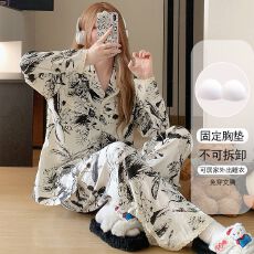 批发带胸垫开衫长袖睡衣女云朵棉直播爆款双长蕾丝甜美可爱家居服套装