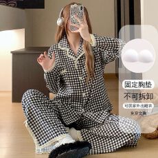 批发带胸垫开衫长袖睡衣女云朵棉直播爆款双长蕾丝甜美可爱家居服套装