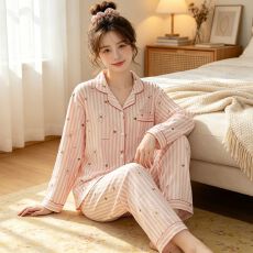 ins风简约款粉条纹小熊皱布长袖家居服女睡衣套装