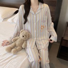 源兴34282实拍ins韩系条纹蘑菇舒适仿棉拉架睡衣长袖家居服套装