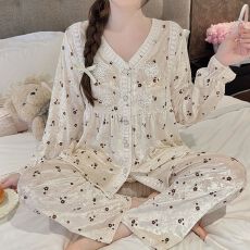 批发秋冬长袖<b class='q'>金丝</b>绒睡衣女甜美花朵蕾丝宫廷少女开衫金钻<b class='q'>绒套装</b>