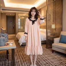 批发虾粉长裙云朵棉带胸垫睡衣女春秋加肥加大睡裙家居服睡衣