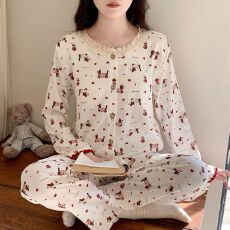实拍带胸垫春秋长袖万年格睡衣女可爱卡通少女印花开衫蕾丝套装