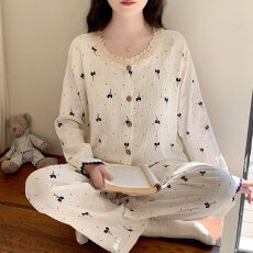 带胸垫春秋长袖万年格睡衣女可爱卡通少女印花开衫蕾丝套装