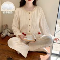 春季新款女式印花提花格公主款K猫带胸垫开扣睡衣家居服套装