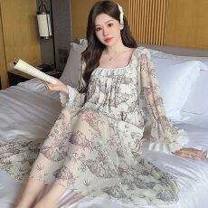 批发<b class='q'>秋</b>季公主风仿棉里布蕾丝甜美网纱带胸垫中长款睡裙