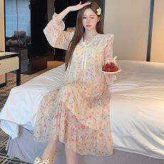 批发实拍<b class='q'>秋</b>季公主风仿棉里布蕾丝甜美网纱带胸垫中长款睡裙