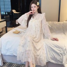 批发实拍<b class='q'>秋</b>季公主风仿棉里布蕾丝甜美网纱带胸垫中长款睡裙
