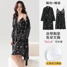 批发秋冬季梭织云朵棉带胸垫睡袍吊带睡裙性感套装Y