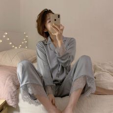 批发春秋新款翻领睡衣女蕾丝花边长袖公主风可外穿开衫冰丝家居服套装