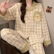 空气夹层秋冬季长袖甜美可爱卡通翻领开衫睡衣套装