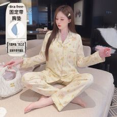 批发云朵棉春秋季带固定胸垫睡衣女加肥加大<b class='q'>长袖</b>可爱风衬衫领开衫居家
