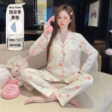 批发云朵棉春秋季带固定胸垫睡衣女加肥加大<b class='q'>长袖</b>可爱风衬衫领开衫居家