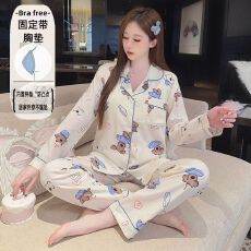 批发云朵棉春秋季带固定胸垫睡衣女加肥加大<b class='q'>长袖</b>可爱风衬衫领开衫居家
