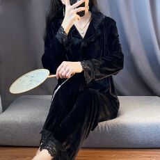 批发实拍图-睡衣女秋冬季新款钻石绒套装休闲大码金丝绒家居服可外穿