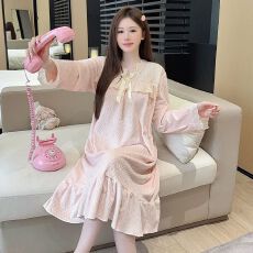 海岛绒睡衣女秋冬季甜美长袖中长睡裙加大码220斤家居服