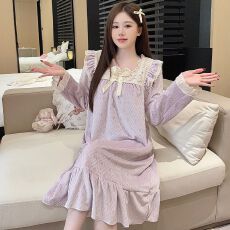 海岛绒睡衣女秋冬季甜美长袖中长睡裙加大码220斤家居服